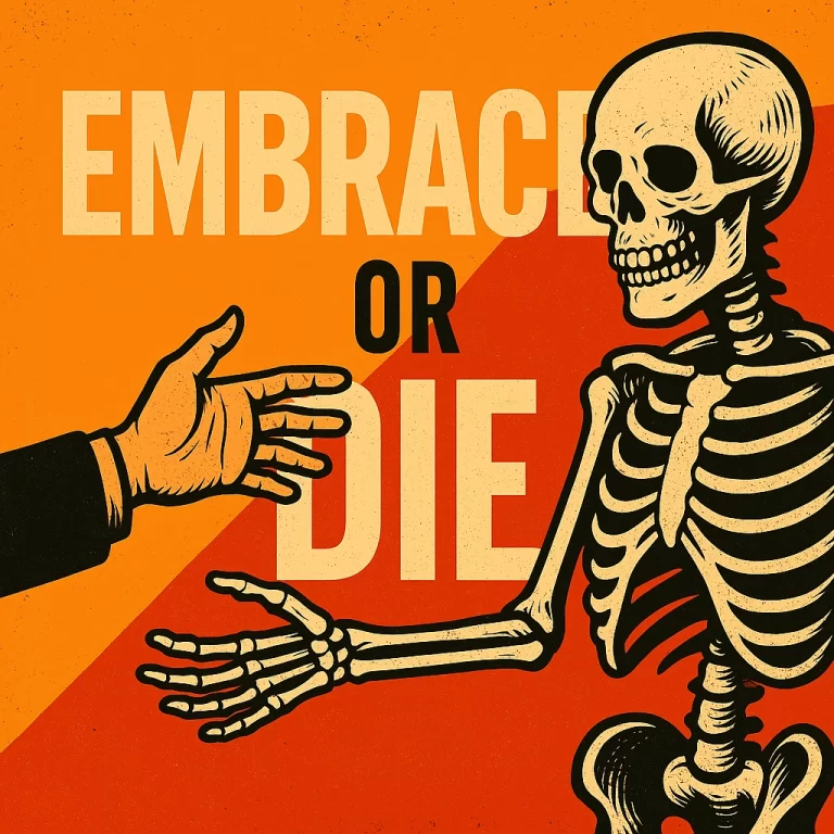 Image of Embrace or Diedepicting how copanies that ignore social media eventually loose thier importance